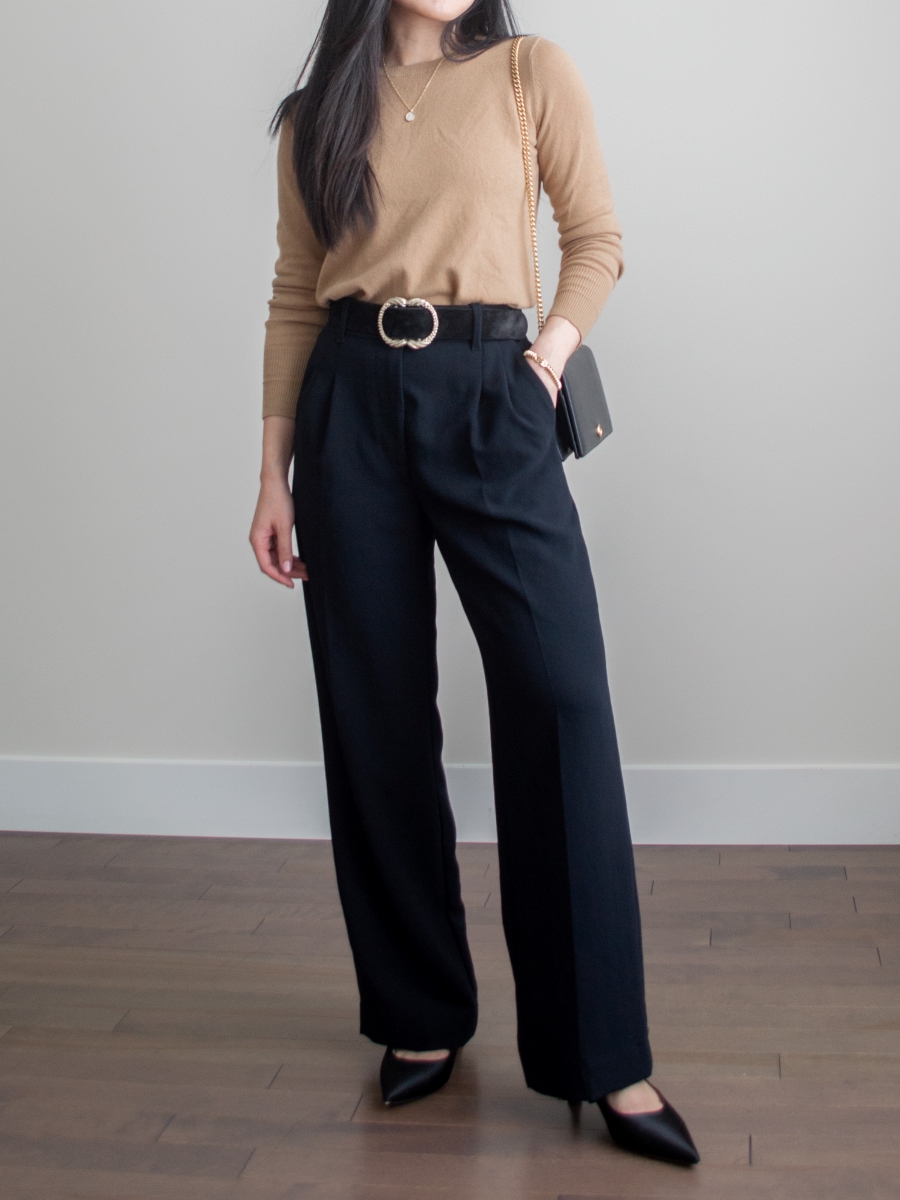 Her Simple Sole - 1 Week of Outfits in a Carry-On Luggage - Black wide leg trousers, Sezane Artemis belt, statement belt, minimal gold accessories, cashmere crewneck sweater, lightweight camel sweater, classic fall outfit idea, Gucci Marmont leather mini chain bag, black pointed toe kitten heels, vintage inspired gold jewelry