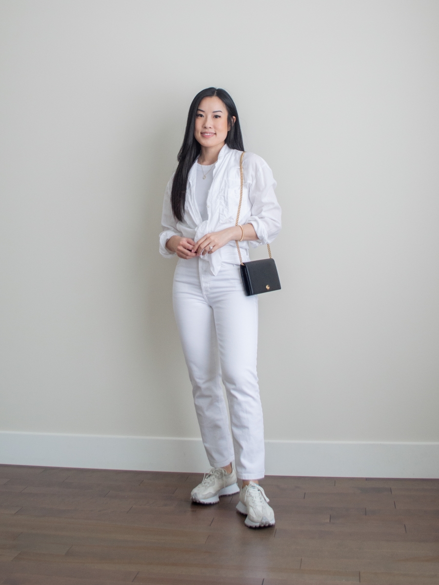 all white outfit, white straight leg jeans, linen shirt, comfortable white monochrome outfit idea, Gucci Marmont leather mini chain bag