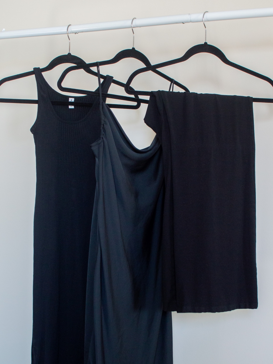 cotton rib knit slip dress, cowl neck slip dress, comfy wide leg pants, wardrobe essentials, black wardrobe items on hanger