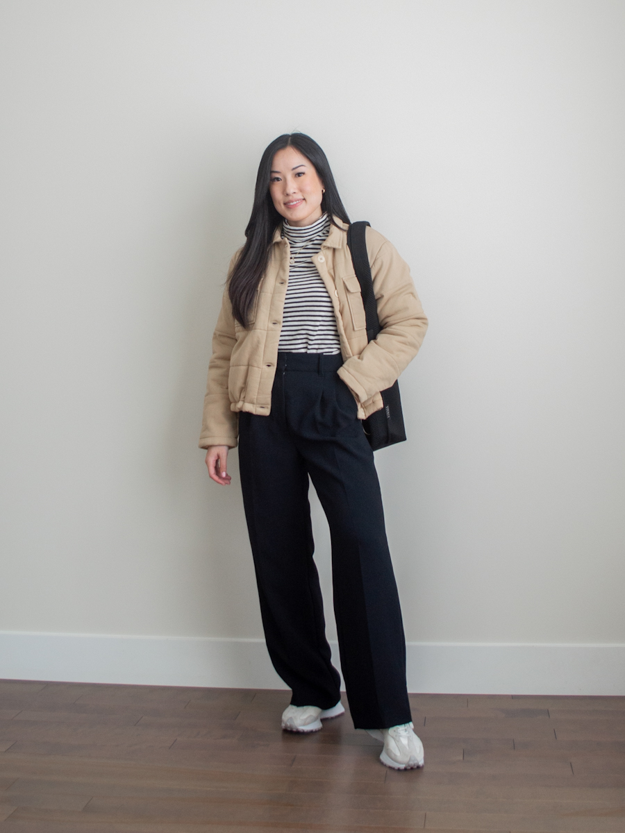 Her Simple Sole outfit photo featuring the WVN Edgewood Jacket and Stripe Base Turtleneck, Aritzia Effortless Pant short, New Balance 327, Vivaia Zahara tote