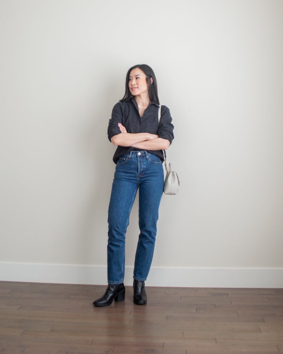 Her Simple Sole outfit photo featuring a heather black brushed cotton button up shirt, dark wash straight leg jeans, mid-calf black boots with a chunky heel, off-white crossybody bag, herringbone chain necklace