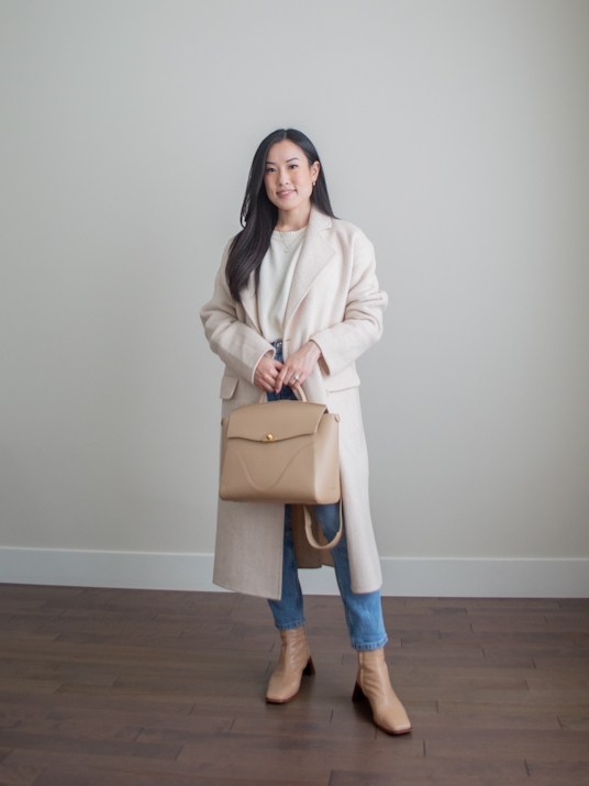Easy Winter Outfit  Long Cardigan, Neutral Tee, Gray Jeans and