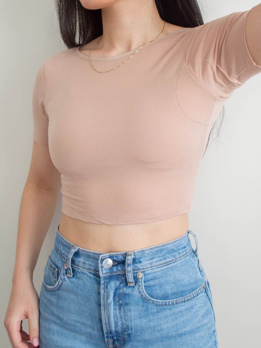 Close up photo of the Numi Cropped Undershirt in Almond, absorbent underarm gusset, undershirts to protect tops