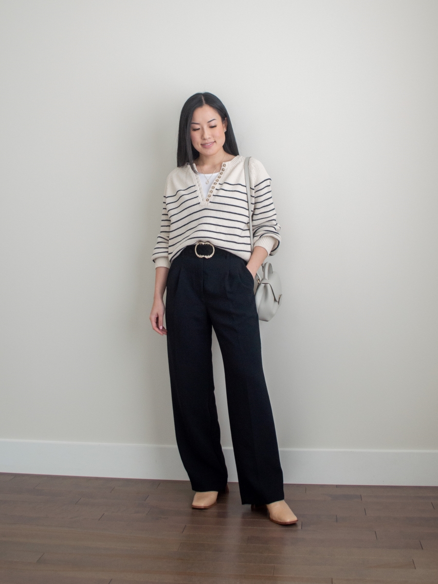 100% organic cotton sweater, stripe cotton sweater, black wide leg trousers, off-white crossbody bag, beige ankle boots, white basic tank top outfit, fall outfit idea, simple and chic outfit idea