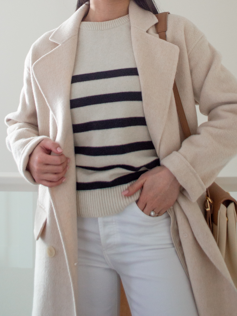 Close-up shot of Sharon of Her Simple Sole wearing a winter outfit featuring a sweater from WVN, coat from Oak + Fort, jeans from Denim Forum, boots from Poppy Barley, bag from Parisa Wang, and toque from Paper Labe