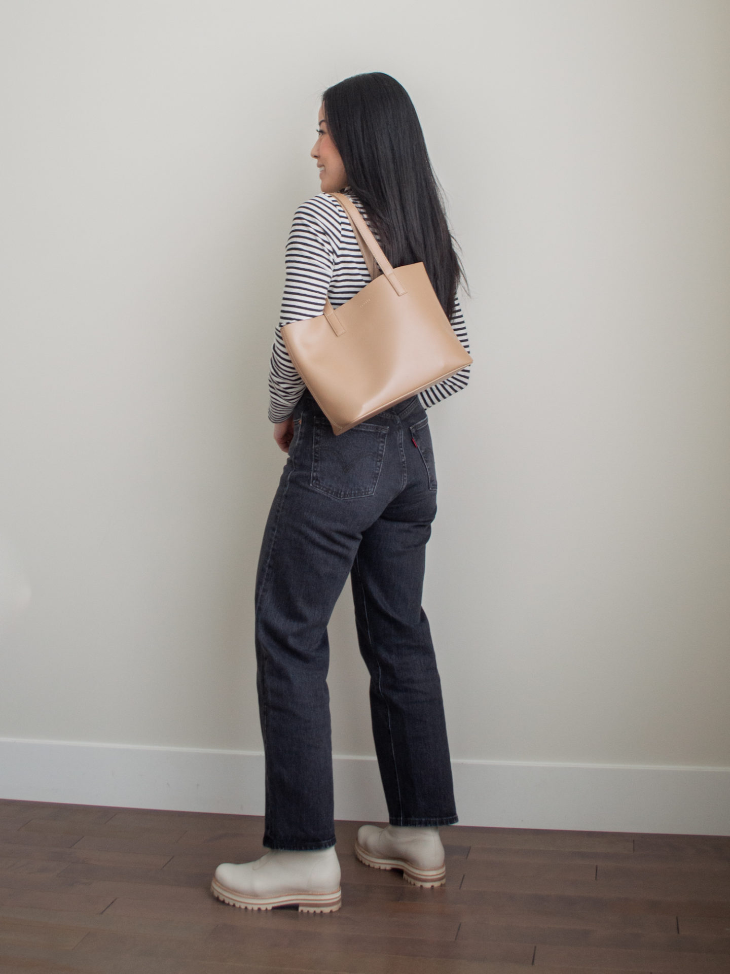 Outfit details: Samara Rhian Mini Tote, WVN stripe turtleneck top, Levi's ribcage straight ankle jean, Poppy Barley The Repeat Boot