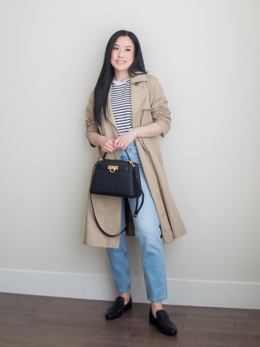 Intentional Life & Style Content Creator Sharon of Her Simple Sole is wearing: Everlane Modern Trench Coat, Frank and Oak The Striped Essential T-Shirt, Everlane '90s Cheeky Jean, Poppy Barley The Daily Loafer, Parisa Wang Madison Medium Top Handle Bag | smart casual outfit | simple styling tips | the third piece rule | the three color rule | trench coat outfit | spring outfit idea