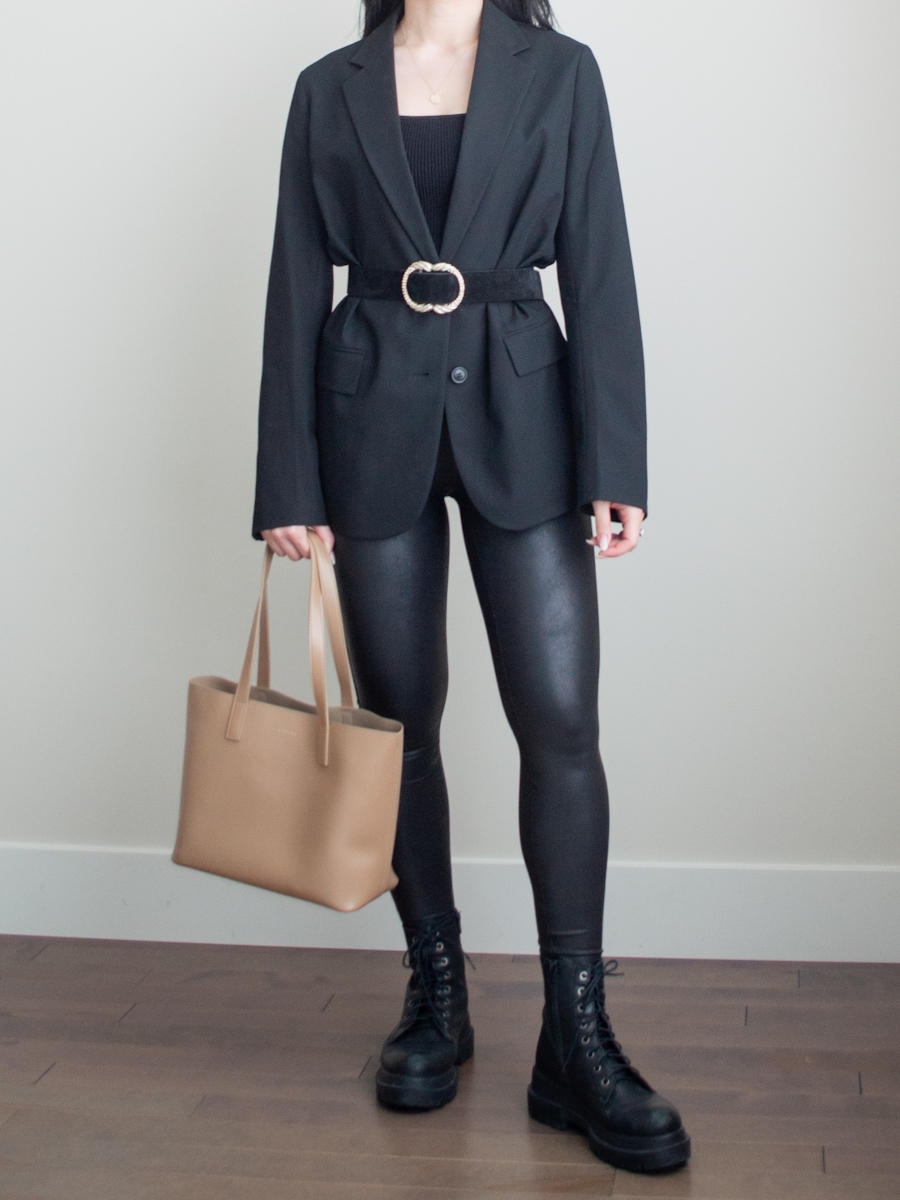 Smart casual outfit, monochrome black outfit, chunky combat boots outfit, statement bag outfit, blazer and belt outfit, spring outfit idea