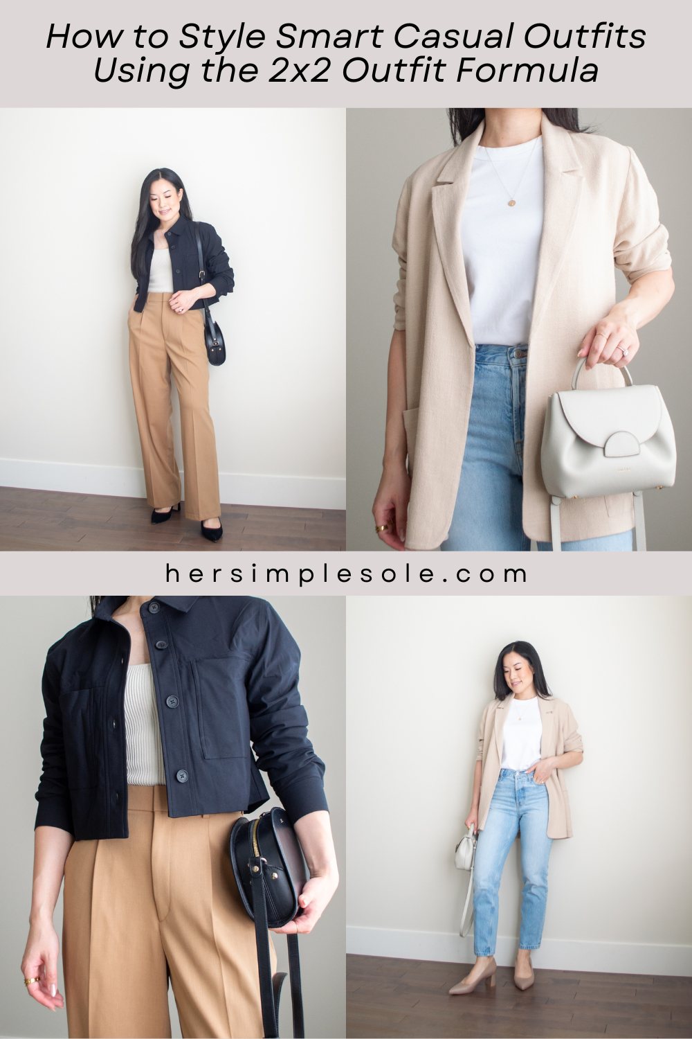 Sharon of Her Simple Sole showcases two smart casual outfits from her blog post about How to Style Smart Casual Outfits Using the 2×2 Outfit Formula, featuring shoes from Ally Shoes | minimalist outfit ideas | smart casual outfits | 2x2 outfit formula | comfortable pumps