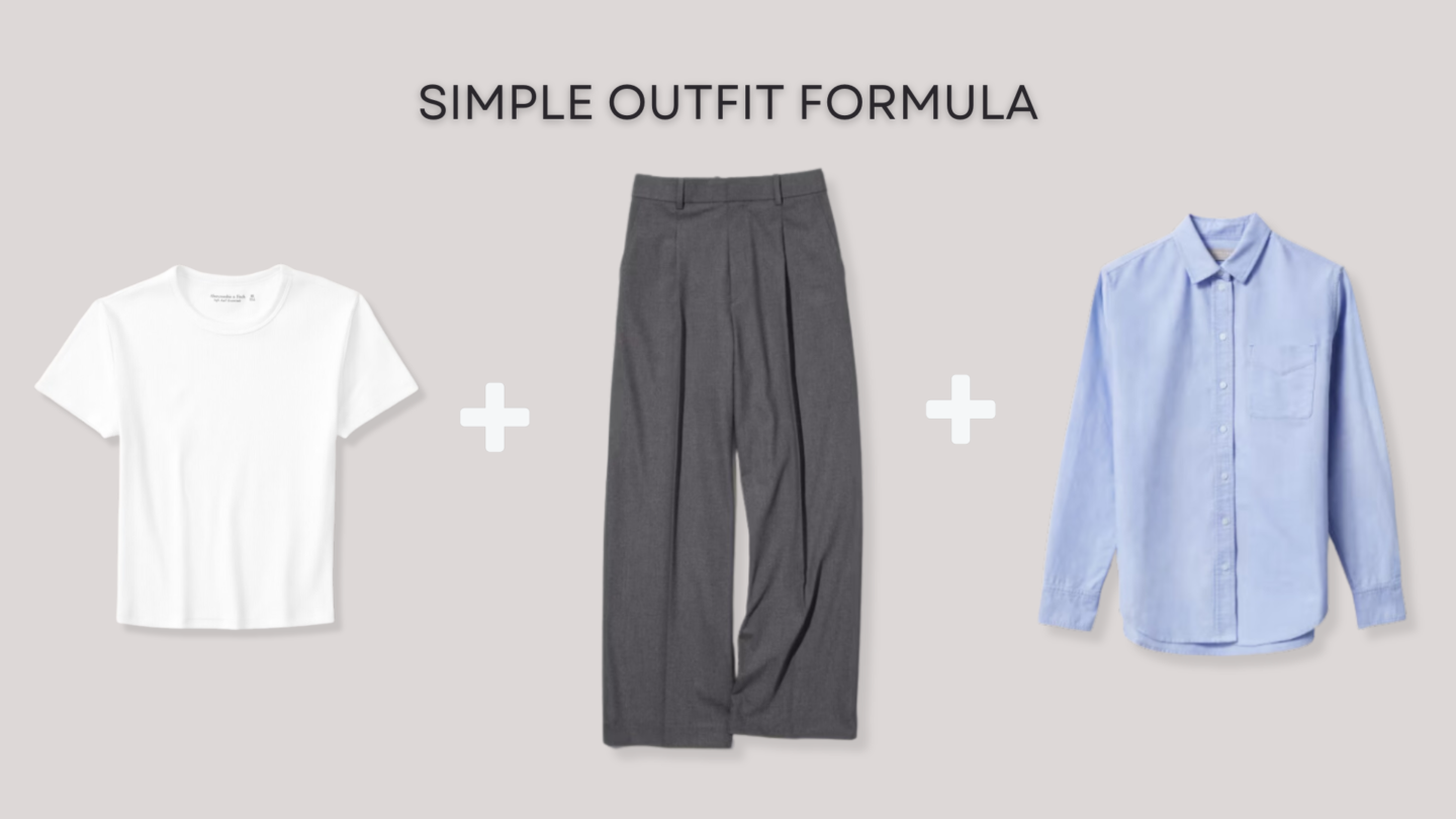 A collage about a simple outfit formula featuring a t-shirt, wide-leg pants, and a relaxed button up shirt, from Sharon of Her Simple Sole's post on What to Pack for a Week Using a Simple Outfit Formula