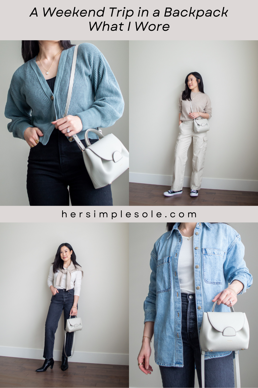 Sharon of Her Simple Sole is showcasing minimal and simple outfits to pack for a weekend trip in the backpack | minimalist outfits | simple outfit ideas | easy fall outfit